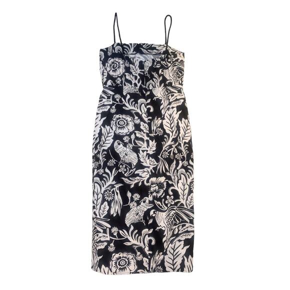 Cream Black Floral Print Linen Blend Sleeveless Midi Dress Large Tropical Beach - Picture 9 of 13
